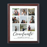 Graduate Photo Collage Keepsake Award Plaque<br><div class="desc">Modern,  elegant photo collage award plaque features 9 photos of the graduate,  typography script ''graduate'' in handwritten trendy lettering on a white background. personalize further with a name,  school name and year. Perfect gift for the graduate.</div>
