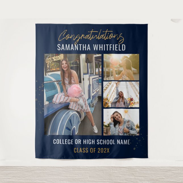 Graduate Photo Collage Navy Blue Party Backdrop (Front)