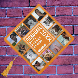 Graduate Photo Collage White On Orange Modern Graduation Cap Topper