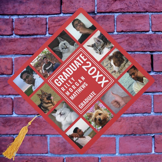 Graduate Photo Collage White On Red Modern Graduation Cap Topper (Creator Uploaded)