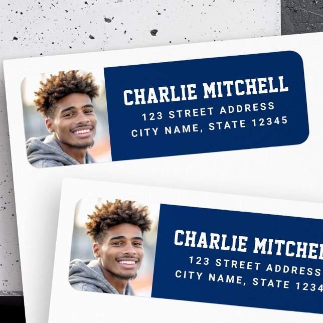 Graduate photo college font blue return address label (Graduate photo college font blue return address label)