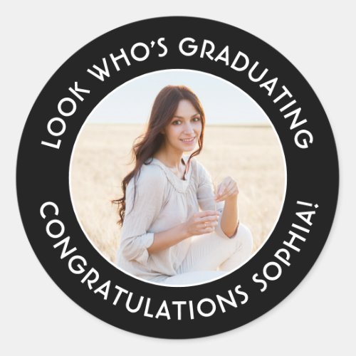 Graduate Photo Elegant Black and White Graduation Classic Round Sticker