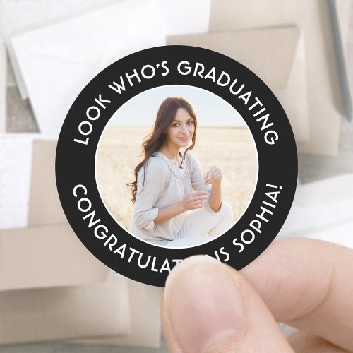 Graduate Photo Elegant Black and White Graduation Classic Round Sticker
