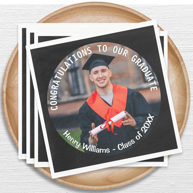 Graduate Photo Elegant Graduate Stylish Custom Napkins (Stylish paper napkins for graduation celebrations, personalized with graduate photo, name and year)