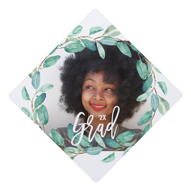 Graduate Photo Eucalyptus Leaves on White Graduation Cap Topper (Front)