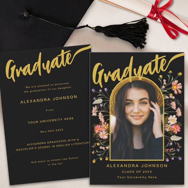 Graduate Photo Floral Arch Black and Gold Script Announcement (Boho floral graduate photo arch gold script black graduation announcement card watercolor wildflower)