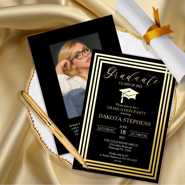 Graduate Photo Geometric Black Graduation Party Foil Invitation (Creator Uploaded)