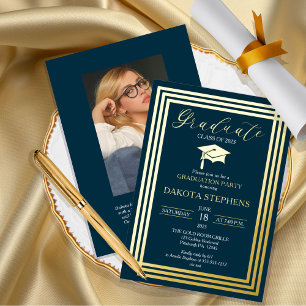 Graduate Photo Geometric Dk Teal Graduation Party  Foil Invitation