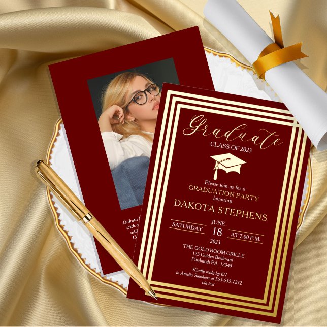Graduate Photo Geometric Maroon Graduation Party Foil Invitation (Creator Uploaded)