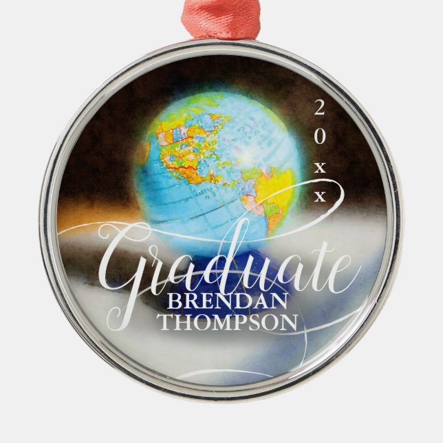 Graduate Photo Globe Monogram Name Metal Ornament (Front)