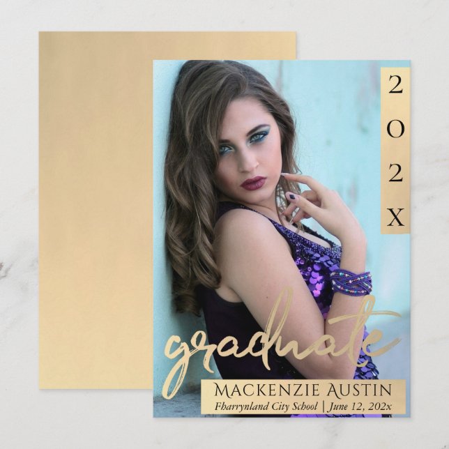 Graduate Photo | Gold Script Elegant Graduation  Announcement (Front/Back)
