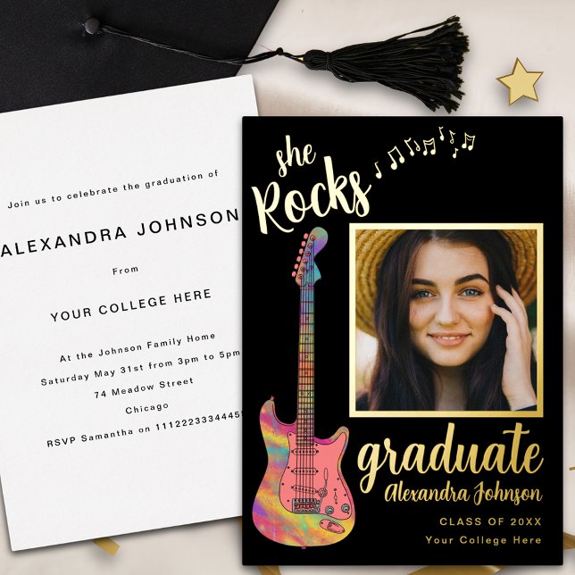 Graduate Photo Graduation Party Script Black Gold Foil Invitation (Fun pink guitar graduate photo black and gold foil script Graduation party invitation)