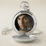 Graduate photo male student 2022 pocket watch<br><div class="desc">A gift and keepsake for a graduate student.  Template for your own photo,  and text.  Graduation year and the name of the school,  college,  university.  White text.</div>