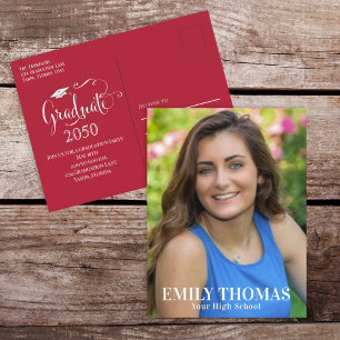Graduate Photo Minimalist Simple Script Red Postcard