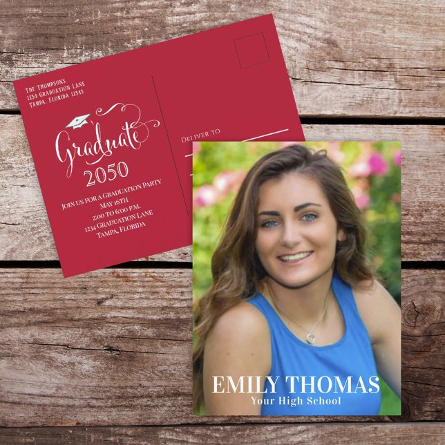 Graduate Photo Minimalist Simple Script Red Postcard (Creator Uploaded)