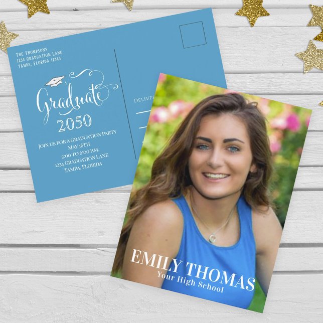 Graduate Photo Minimalist Simple Script Teal Postcard (Creator Uploaded)
