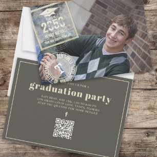 Graduate Photo Modern Gold Cool Grad Stamp QR Code Invitation