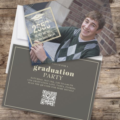 Graduate Photo Modern Gold Cool Grad Stamp QR Code Invitation