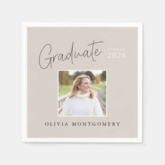 Graduate Photo Modern Script Graduation Party Napkins (Front)