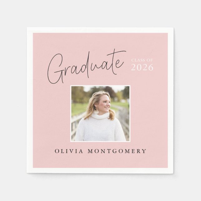 Graduate Photo Modern Script Graduation Party Napkins (Front)