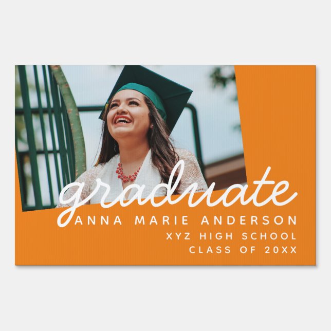 Graduate Photo Modern Script Personalized Orange Sign (Front)