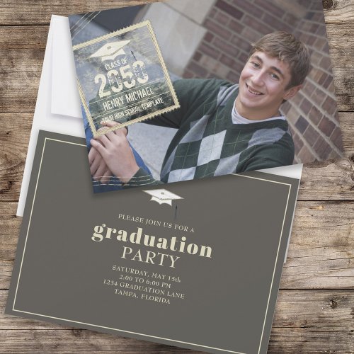 Graduate Photo Modern Stylish Gold Typography Invitation