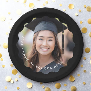 Graduate photo name black wavy border graduation paper plates