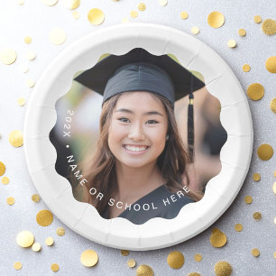 Graduate photo name white wavy border graduation paper plates