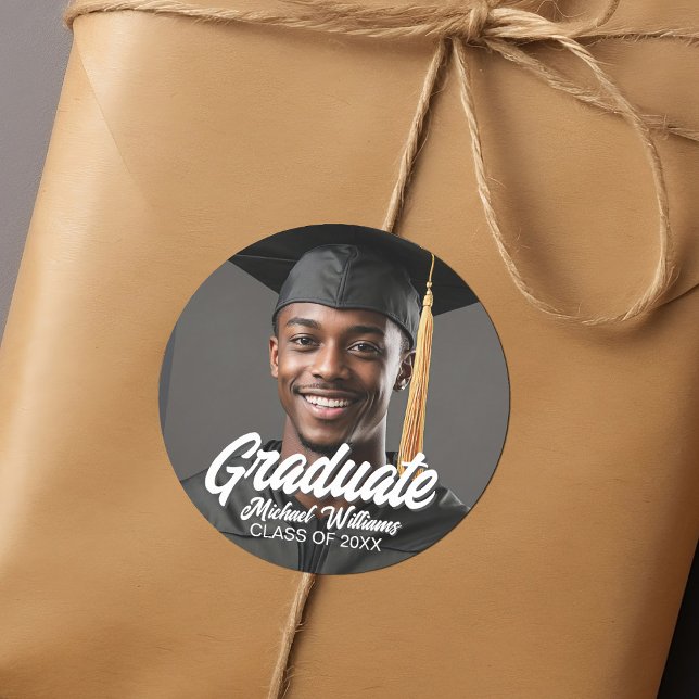 Graduate Photo Name Year Bold Graduation Classic Round Sticker (Creator Uploaded)