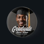 Graduate Photo Name Year Graduation Parent Button<br><div class="desc">This simple chic graduation photo button for parents features a full photograph of your graduate. Bold simple script of your student name and class year in white typography for a mom and dad to wear to the ceremony or party.</div>