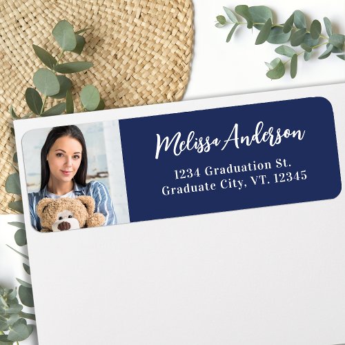 Graduate Photo Navy Blue Graduation Return Address Label