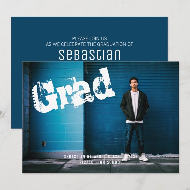 Graduate Photo Personalized Graffiti  Blue Invitation (Front/Back)
