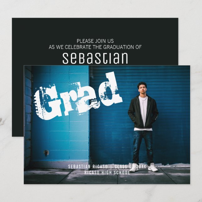 Graduate Photo Personalized Graffiti Dark Grey Invitation (Front/Back)