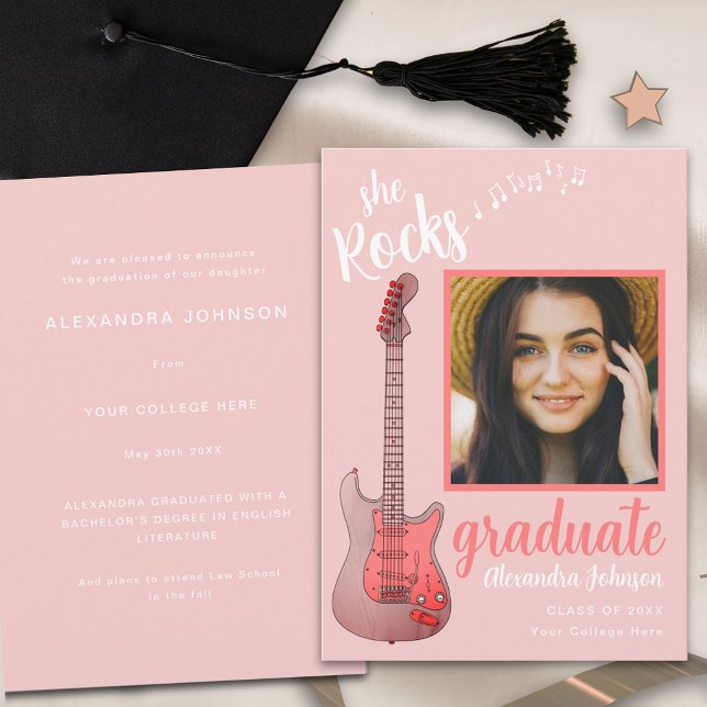 Graduate Photo Pink Script She Rocks Country Music Invitation (Pink guitar graduate photo modern script Graduation announcement card )