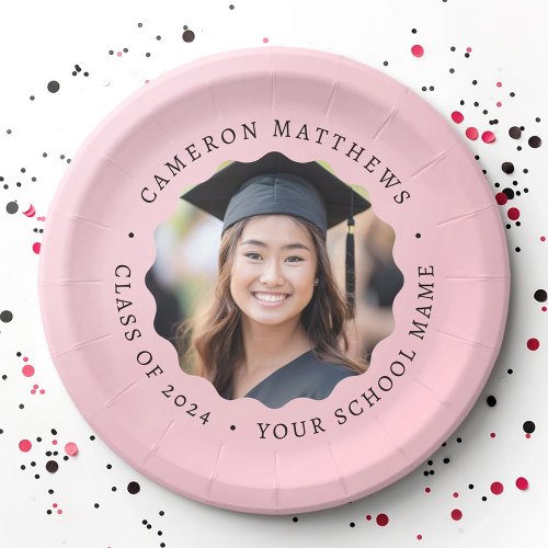 Graduate photo pink wavy border graduation paper plates