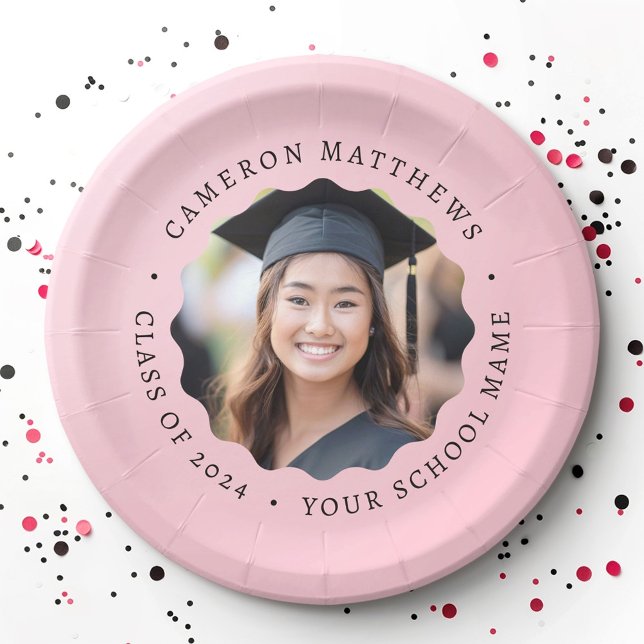 Graduate photo pink wavy border graduation paper plates (Graduate photo pink wavy border graduation paper plates)
