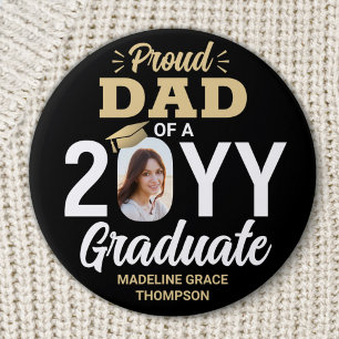 Graduate Photo Proud Dad Elegant Black and Gold Button