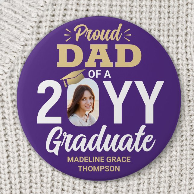 Graduate Photo Proud Dad Modern Purple and Gold Button (Creator Uploaded)