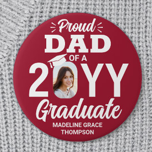 Graduate Photo Proud Dad Modern Red and White Button