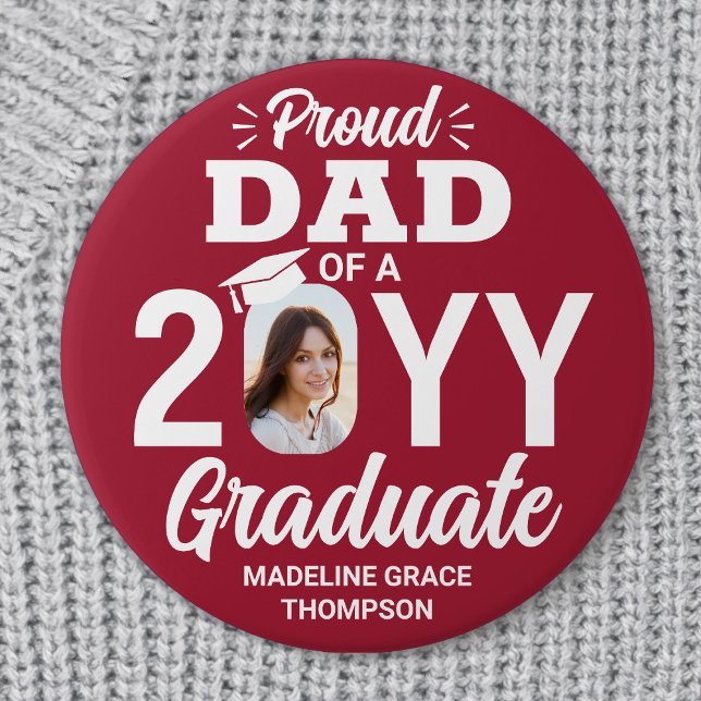 Graduate Photo Proud Dad Modern Red and White Button (Creator Uploaded)