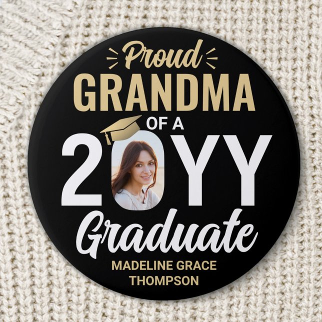 Graduate Photo Proud Grandma Elegant Black & Gold Button (Creator Uploaded)