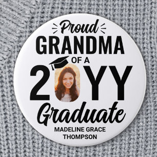 Graduate Photo Proud Grandma Modern Black & White Button