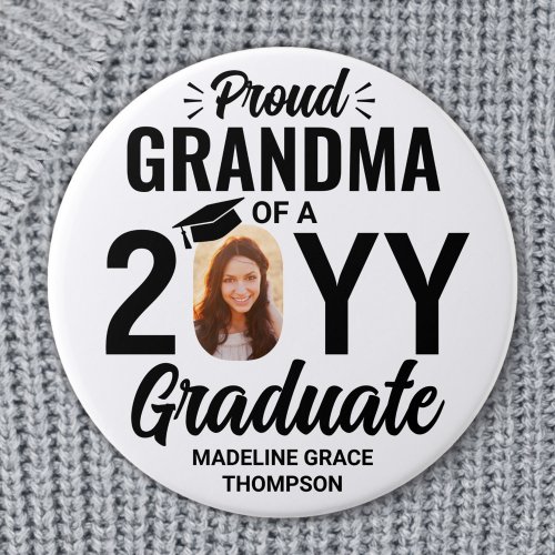 Graduate Photo Proud Grandma Modern Black  White Button