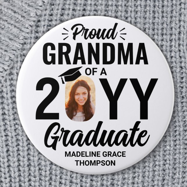 Graduate Photo Proud Grandma Modern Black & White Button (Creator Uploaded)
