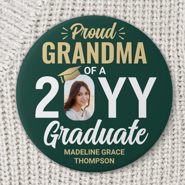 Graduate Photo Proud Grandma Modern Green and Gold Button (Creator Uploaded)