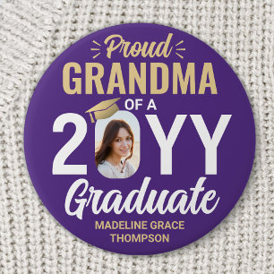 Graduate Photo Proud Grandma Modern Purple & Gold Button