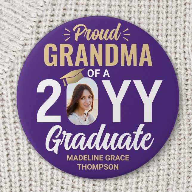 Graduate Photo Proud Grandma Modern Purple & Gold Button (Creator Uploaded)