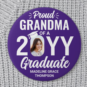 Graduate Photo Proud Grandma Modern Purple & White Button