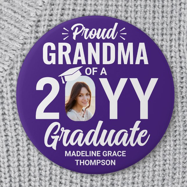 Graduate Photo Proud Grandma Modern Purple & White Button (Creator Uploaded)