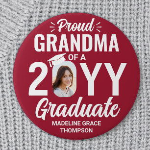 Graduate Photo Proud Grandma Modern Red and White Button